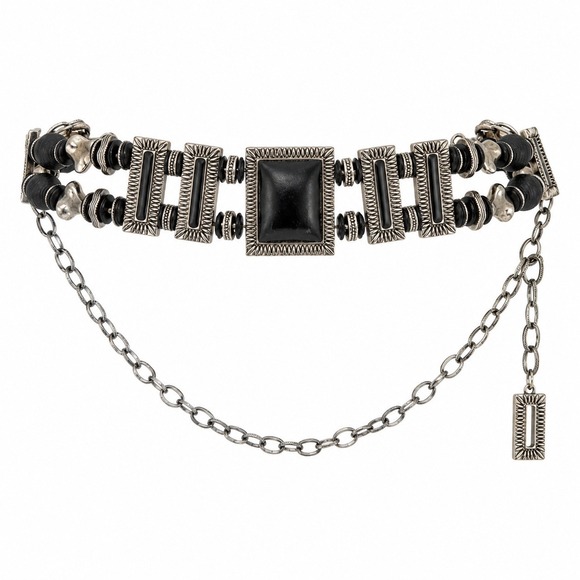 Chico's Accessories - Chicos Silver Tone Black Resin Statement Chain Belt Boho Southwestern